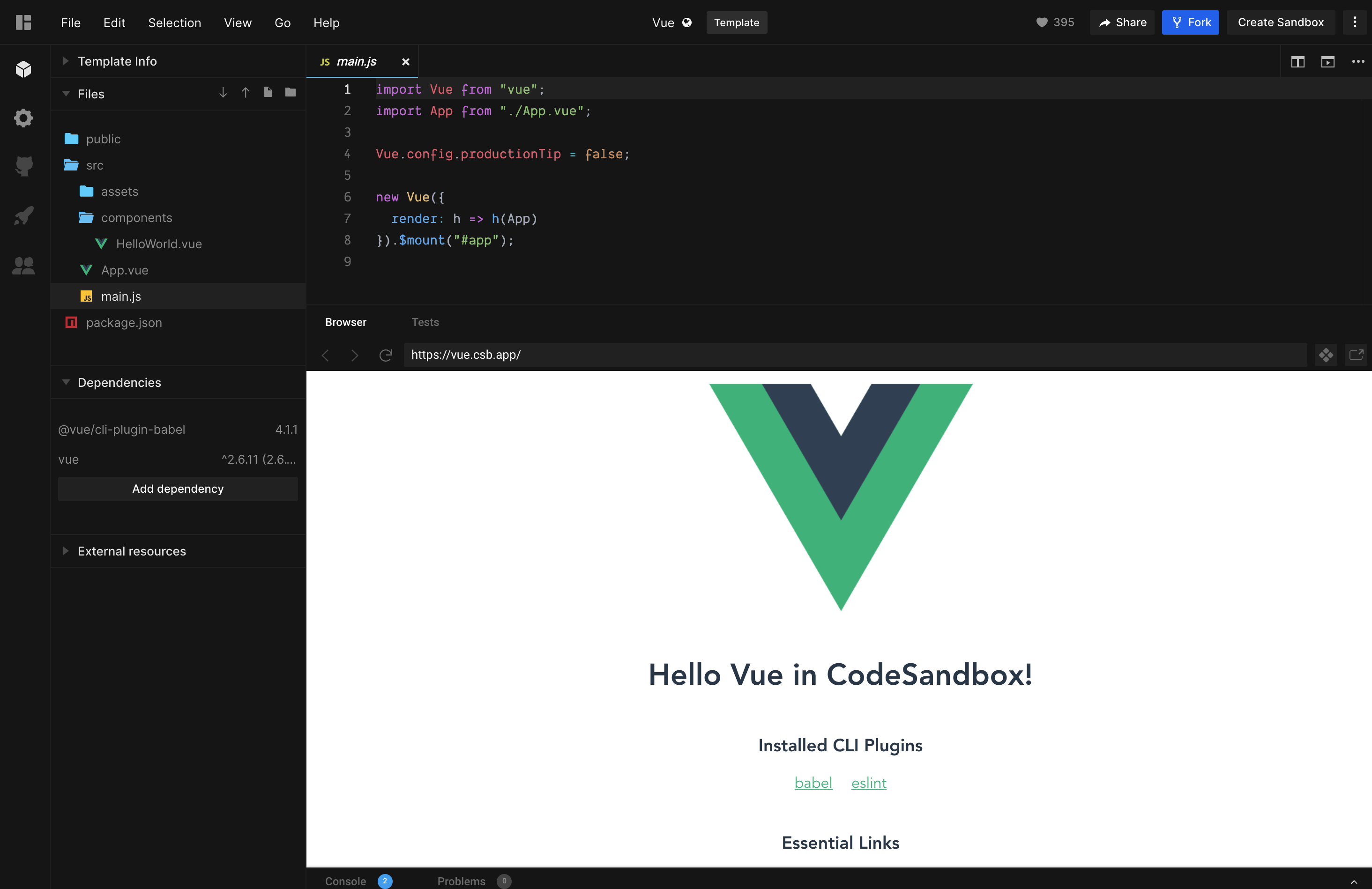 Vue.js project starter on codesandbox